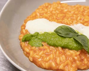 SOZZAGO (NO), ITALY - JULY 15Tomato risotto with basil and burrata sauce. It is one of chef Claudia Fonio's favourite dishes because as a child it was one of the dishes her father always prepared for her. Photo by Davide Bertuccio for The Washington Post